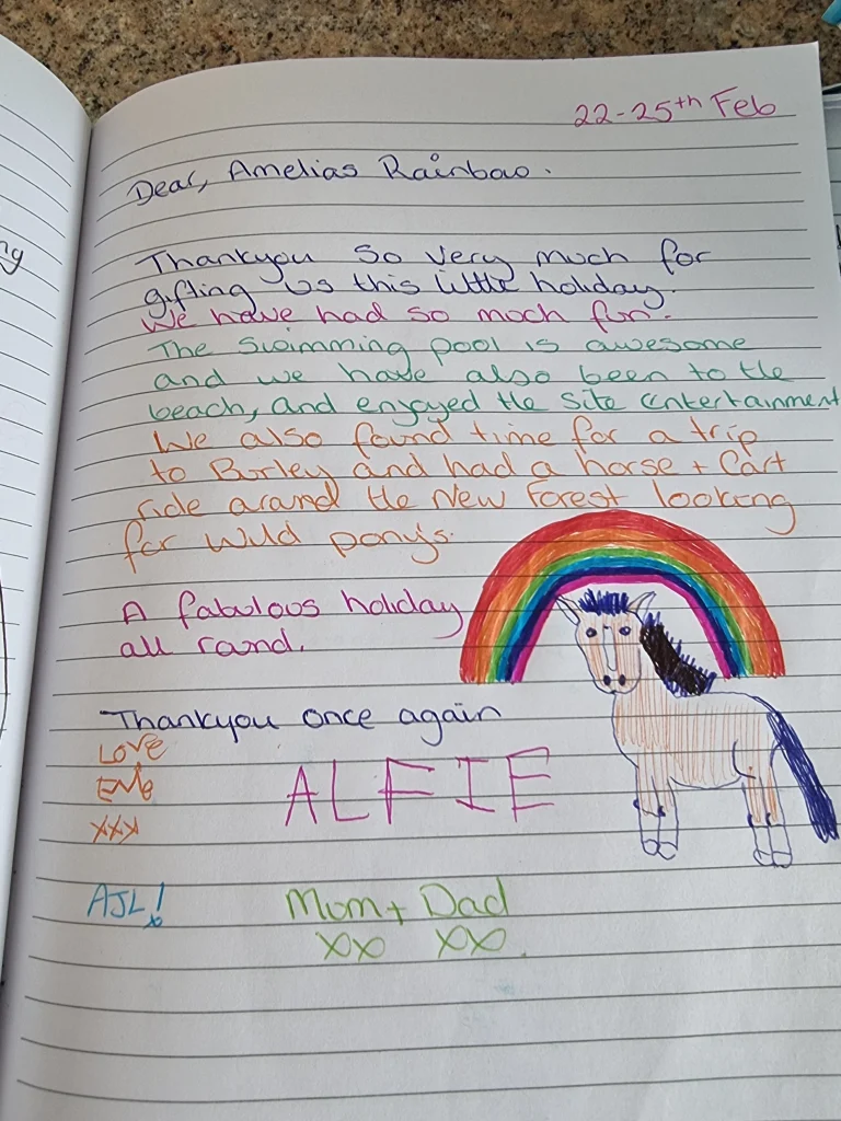 Amelia's rainbow thank you message